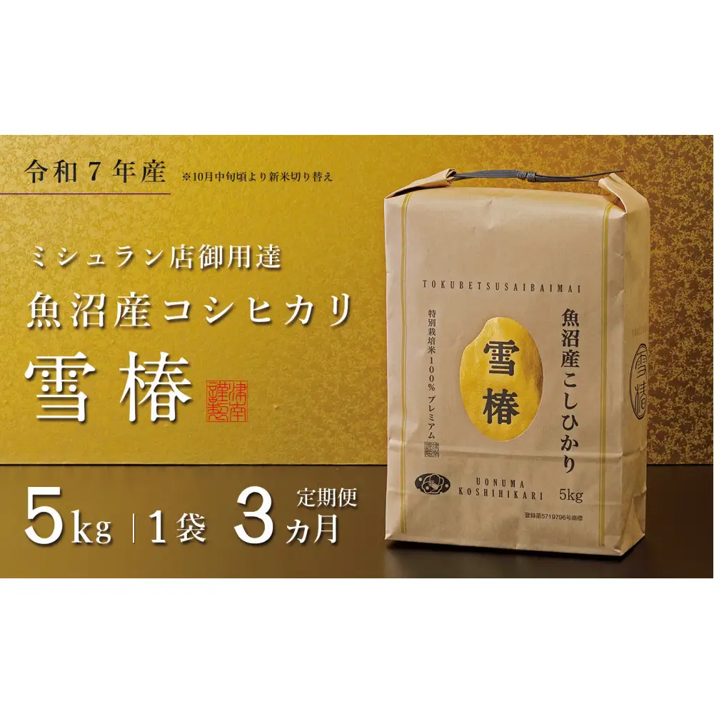 【定期便 3ヶ月】【令和7年産】魚沼産コシヒカリ 雪椿 5kg(5kg×1袋) × 3回 特別栽培米