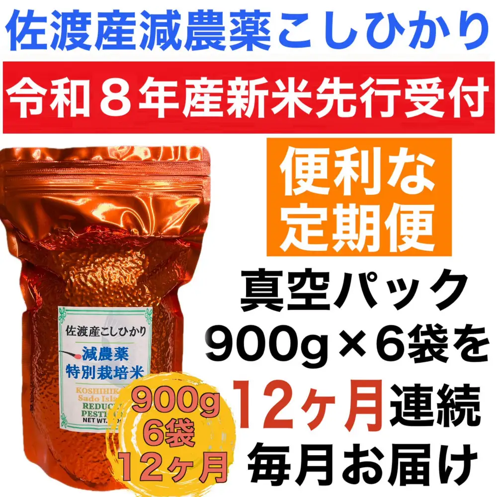 【令和8年産新米　定期便・先行予約】佐渡島産 減農薬特別栽培米こしひかり 真空パック 900g×6袋　全12回
