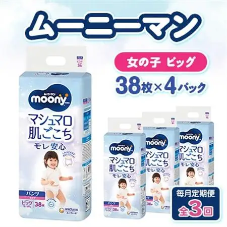 【毎月定期便】ムーニーマン マシュマロ肌ごこちモレ安心 女の子 ビッグ 38枚×4パック全3回【配送不可地域：離島・沖縄県】【4075526】