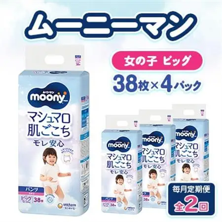 【毎月定期便】ムーニーマン マシュマロ肌ごこちモレ安心 女の子 ビッグ 38枚×4パック全2回【配送不可地域：離島・沖縄県】【4075527】
