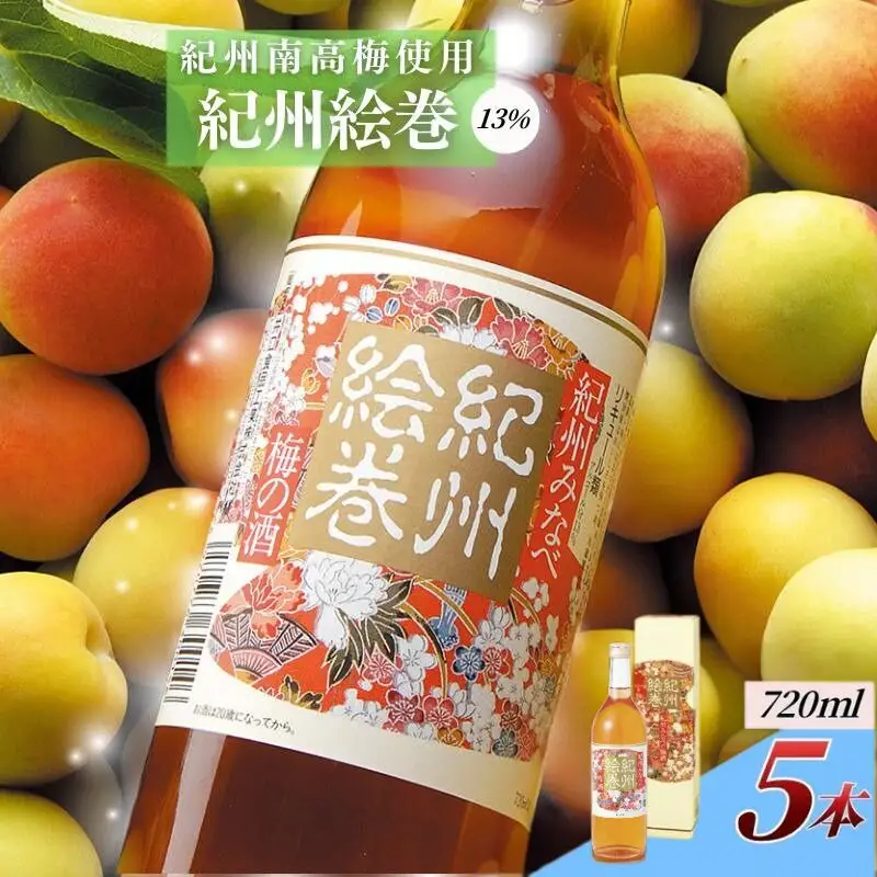 梅酒 紀州絵巻 720ml×5本／アルコール度数13％　手作り梅酒　【umicbn010】