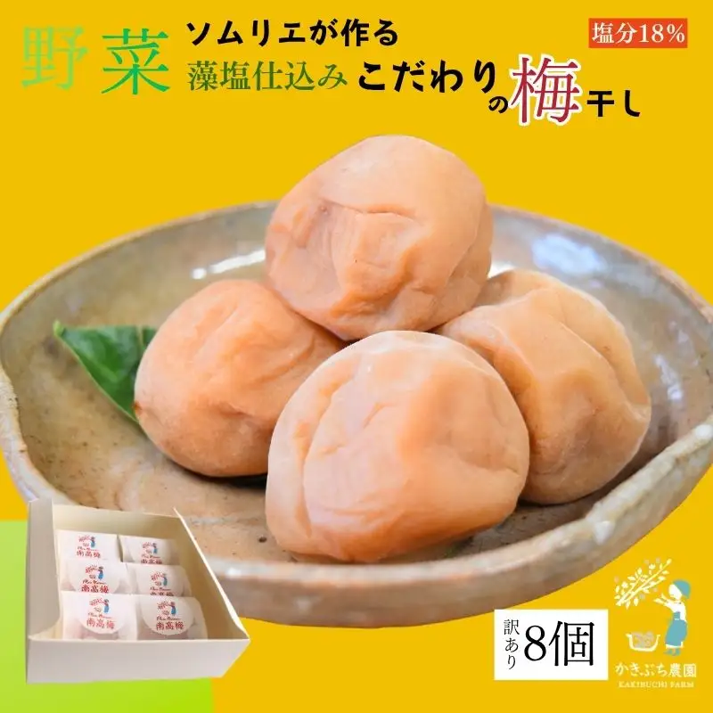 【塩分 18％】和歌山県 紀州南高梅 野菜ソムリエが作る藻塩仕込み こだわりの梅干し 訳あり ８個入り【kkbc002】