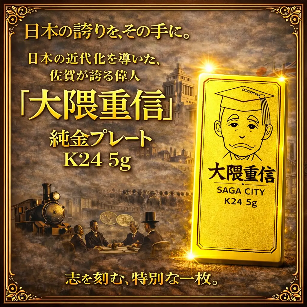 K24純金 佐賀の偉人！日本の偉人！大隈重信のプレート5ｇ：C967-002