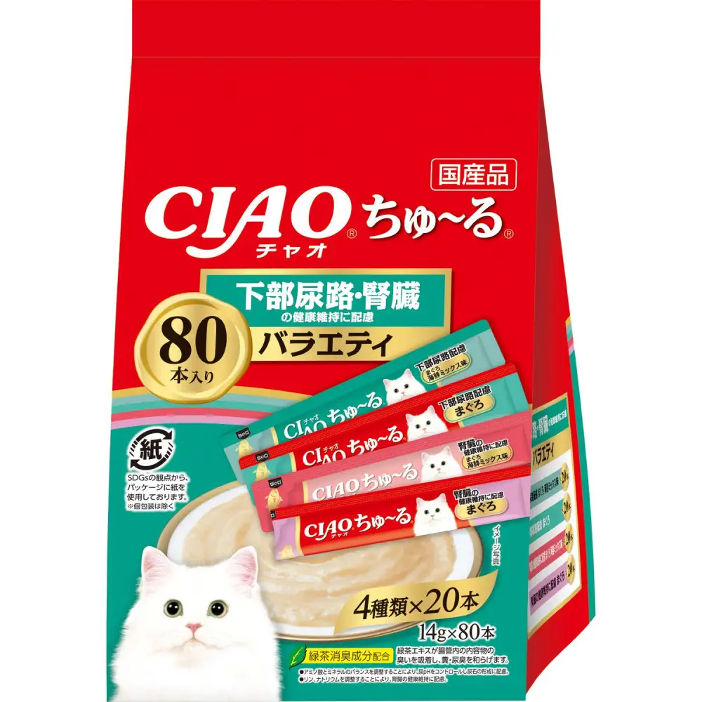 いなば　CIAO猫ちゅ～る　下部尿路・腎臓の健康維持に配慮バラエティ480本（14ｇｘ80本ｘ6袋入）（ケース）