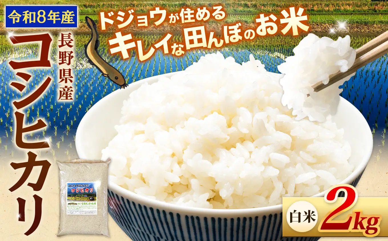 【令和8年産先行予約】『どじょうのいる田んぼのお米』コシヒカリ 白米 2kg | 馬場農園