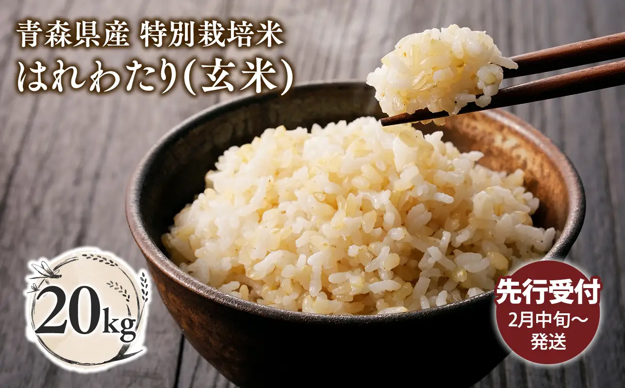 ≪令和8年産 先行予約≫2月中旬よりお届け! 　特別栽培米 はれわたり玄米20kg【青森県 平川市】先行予約 米 お米 玄米 青森県産 産地直送 おにぎり 朝ご飯 冷めてもおいしい ご飯  コメ こめ 白米 ごはん ブランド米 特A 特A米 お取り寄せ グルメ［hi-0062-020-2］