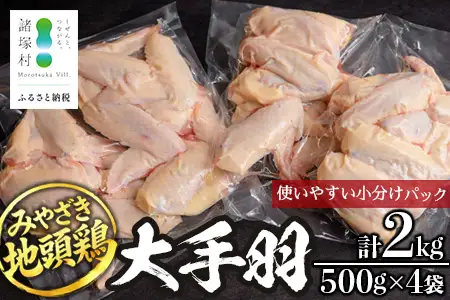 みやざき地頭鶏 大手羽 500g×4P セット 冷凍｜鶏肉 地鶏 手羽元 手羽先 精肉 出汁 鍋 チキン じとっこ 真空パック 興洋開発株式会社 宮崎県 諸塚村 KY-09