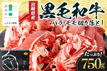 宮崎県産 黒毛和牛 バラ・モモ切り落とし 約750g×1P 冷凍｜国産牛 牛肉 お肉 切り落とし スライス バラ モモ パック 化粧箱入り 有田牧畜産業 宮崎県 諸塚村 AR-01