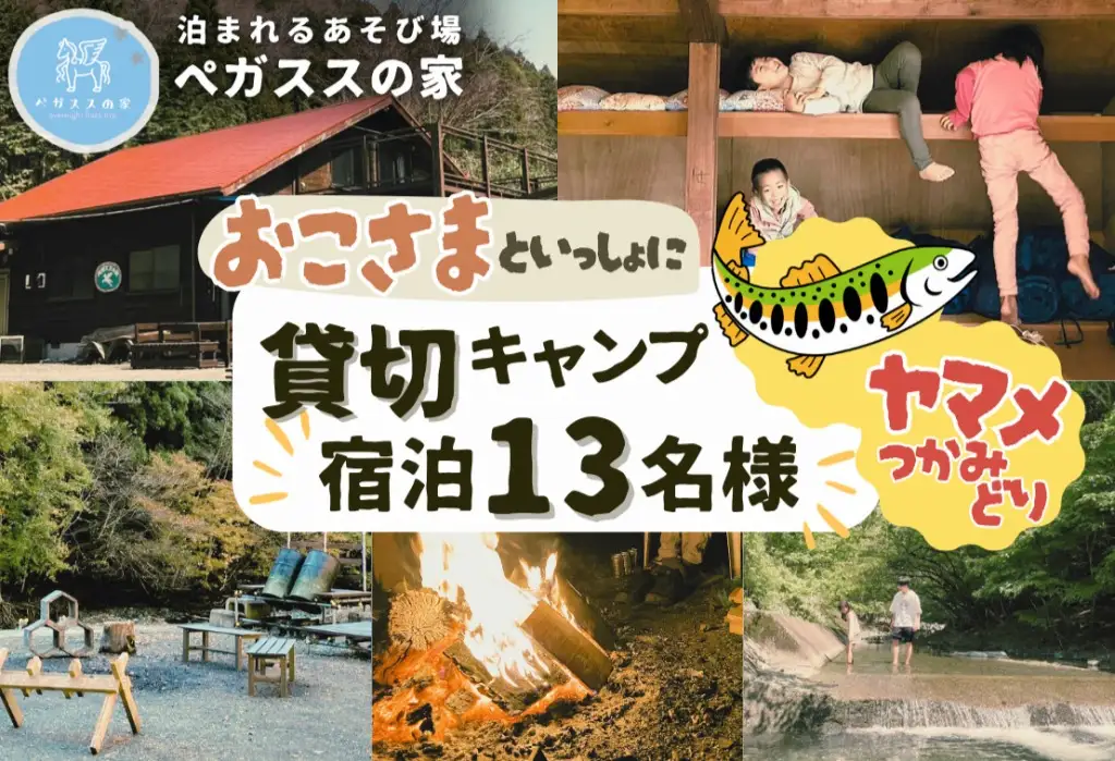 貸切キャンプ！八丁やまめつかみ取り＋薪サービス・ペガススの家【１泊２日・１３名】【 体験 チケット 旅行 キャンプ アウトドア 神奈川県 山北町 】