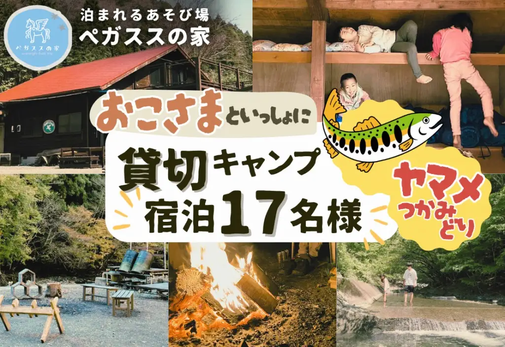 貸切キャンプ！八丁やまめつかみ取り＋薪サービス・ペガススの家【１泊２日・１７名】【 体験 チケット 旅行 キャンプ アウトドア 神奈川県 山北町 】