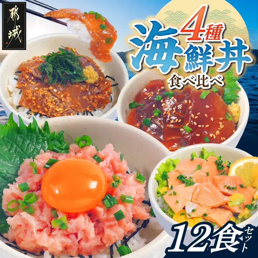 彩り豊かな海鮮丼食べ比べ12食セット〔19E-M3-001-12〕_(都城市) ねぎとろ まぐろ漬け丼 真鯛ごま漬け丼 サーモンポキ丼 海鮮丼 食べ比べ