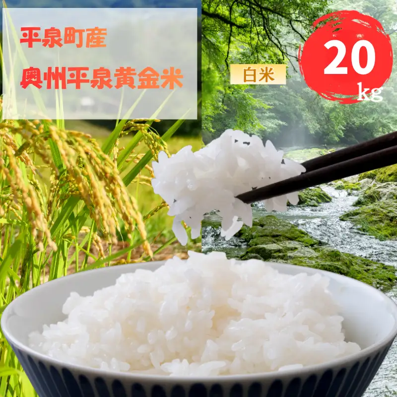 【先行予約受付中！】令和8年産 11月以降順次発送！ 平泉町産 奥州平泉黄金米 白米20kg / こめ コメ 米 お米 おこめ 白米 ご飯 ごはん ライス 山水【aoki013A】