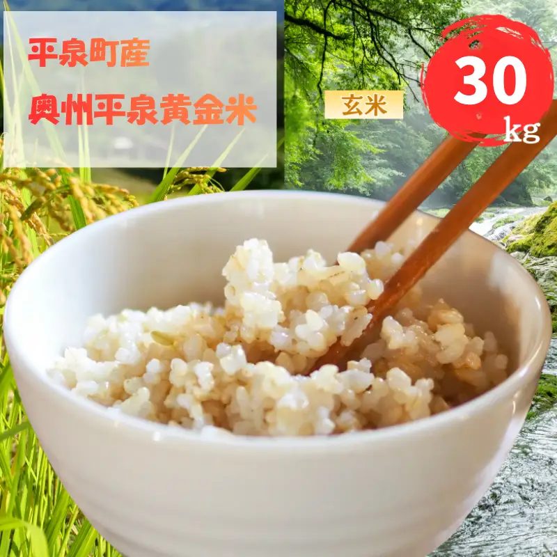 【先行予約受付中！】令和8年産 11月以降順次発送！ 平泉町産 奥州平泉黄金米 玄米30kg / こめ コメ 米 お米 おこめ 玄米 ご飯 ごはん ライス 山水【aoki018A】