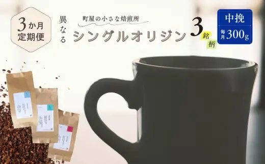 【定期便：3ヶ月連続でお届け】シングルオリジンコーヒー 100g × 3品種（中挽き）計300g×3ヶ月 1075027　コーヒー 珈琲 粉