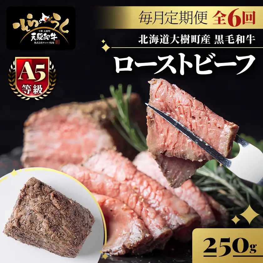 【毎月定期便】「天駆和牛(そらうし)」ローストビーフ 250g A5ランク黒毛和牛全6回【配送不可地域：離島】【4085967】