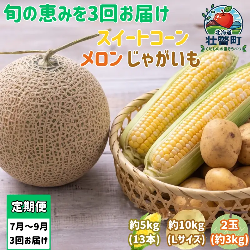 【先行予約】【3回定期便】赤肉メロン2玉＋スイートコーン約5kg(13本)＋じゃがいも(とうや)約10kg 旬のフルーツ・野菜定期便　SBTN014
