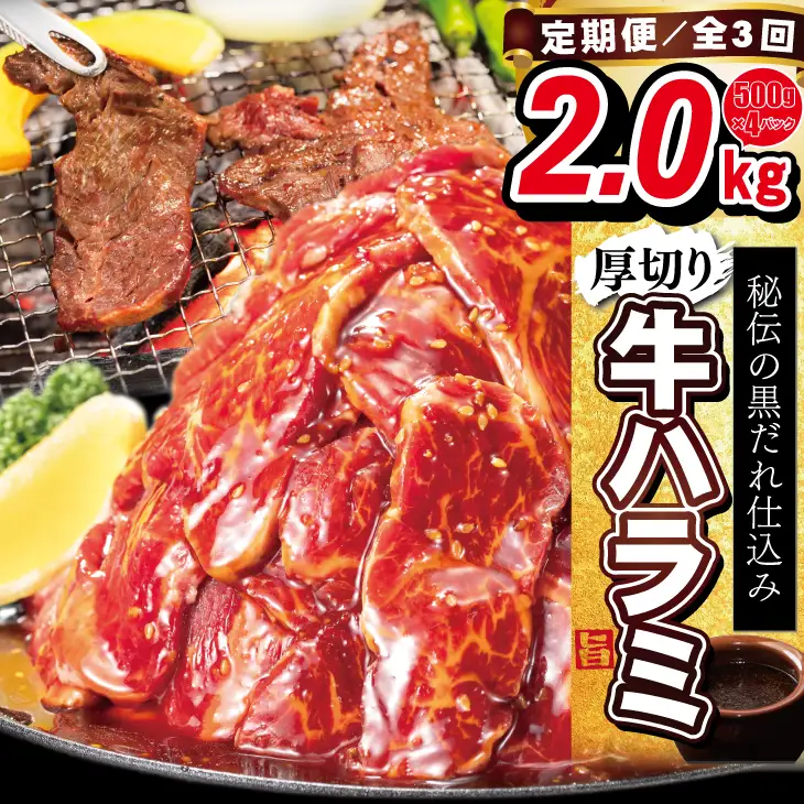 【定期便3ヶ月】厚切り牛ハラミ2kg（500g×4パック） 【2428】
