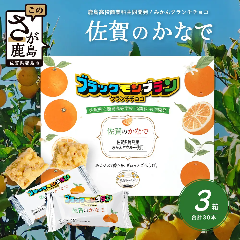 【鹿島高校 商業科 共同開発】みかん クランチチョコ 佐賀のかなで 鹿島産みかんパウダー使用 3箱（10本入×3箱）佐賀 鹿島 チョコレート ご当地スイーツ C-191