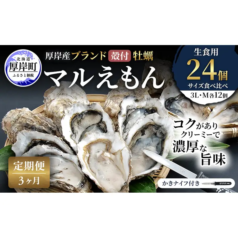 【 3ヵ月 定期便 】 厚岸産 ブランド 殻付カキ マルえもん 生食用 サイズ食べ比べ 24個 (3L・M各12個)[ 魚貝類 生牡蠣 かき 牡蠣 カキ 生ガキ 食べ比べ ]