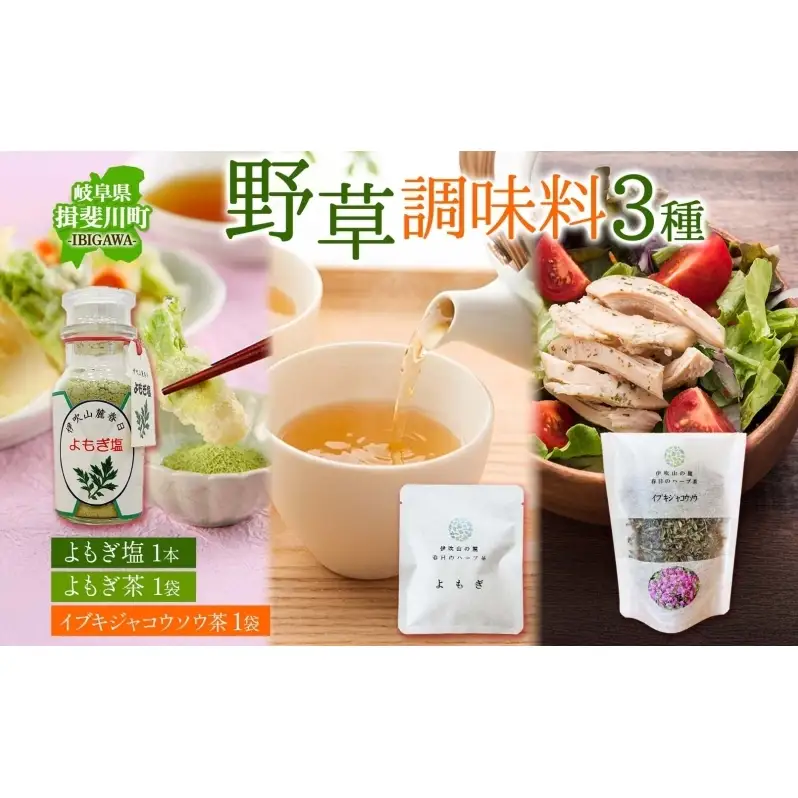野草調味料セット よもぎ塩 60g 1本 よもぎ茶 2g イブキジャコウソウ茶 12g 各1袋 野草 ヨモギ 蓬 伊吹よもぎイブキジャコウソウ 和のハーブ 塩 調味料 詰め合わせ 合同会社いびはる商舎 岐阜県 揖斐川町