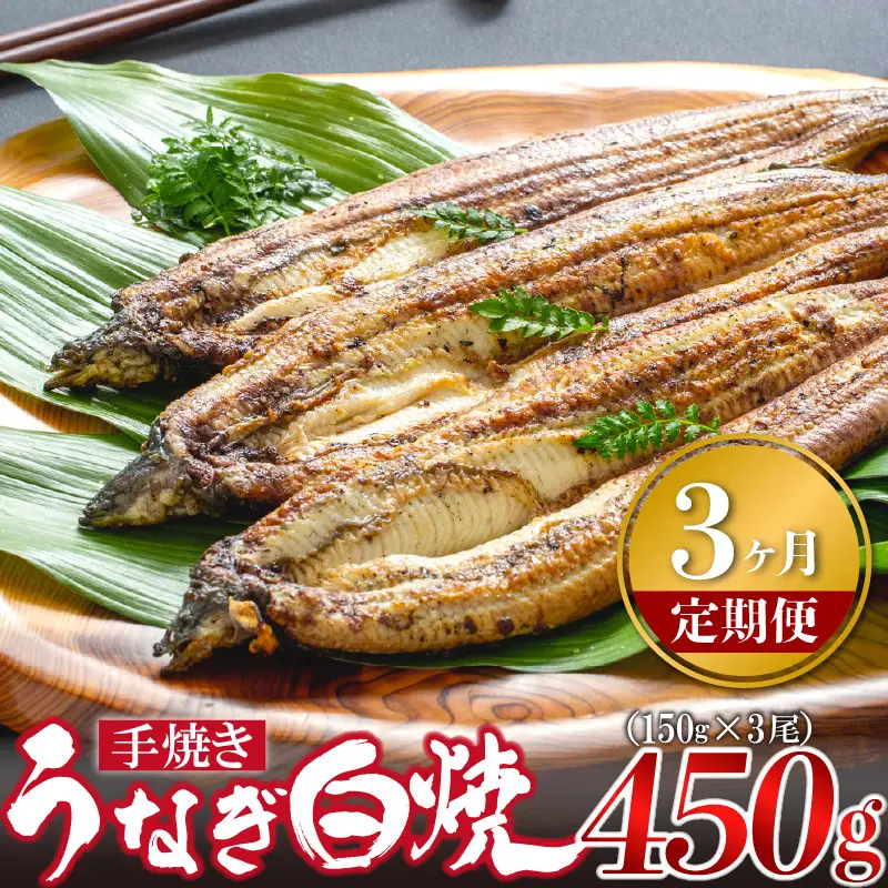 【3ヶ月定期便】九州産手焼きうなぎ白焼き 3尾（約450g） [M985-1]