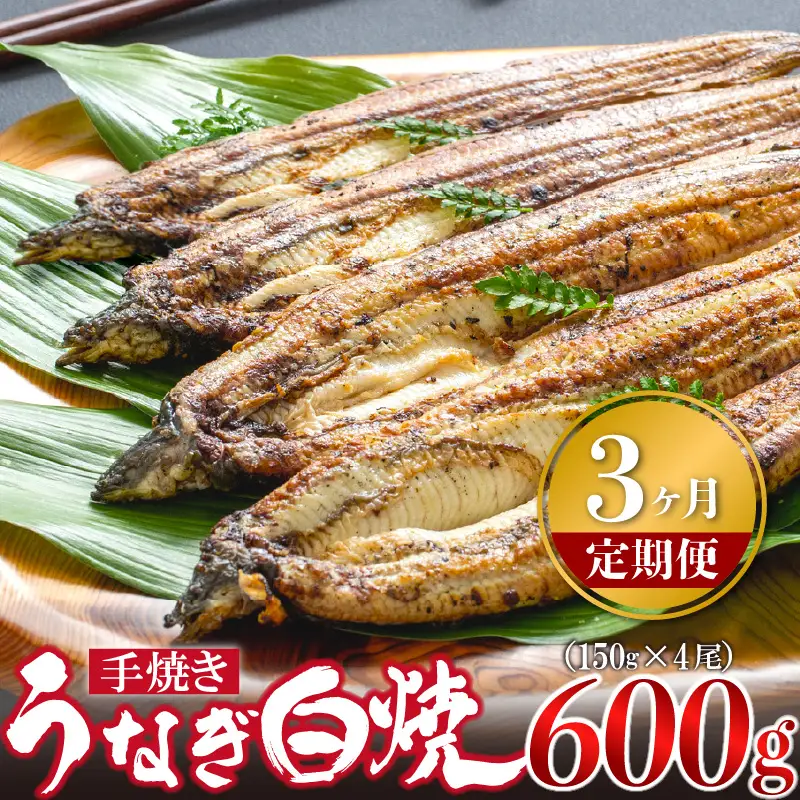 【3ヶ月定期便】九州産手焼きうなぎ白焼き 4尾（約600g） [M987-1]
