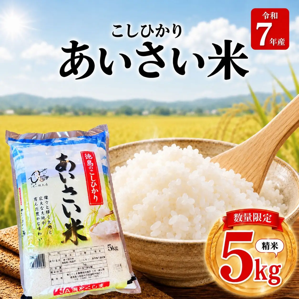 【令和7年産】 米 こしひかり 精米 5kg  お米 あいさい米 おこめ 白米 白飯 ご飯 ごはん 国産米 おにぎり おむすび お弁当 徳島 小松島 