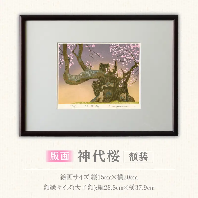 版画「神代桜」 ［201M08］ 版画 神代桜 桜 特別天然記念物 日本三大桜 額装 絵画 木版画家 陶山俊一 小牧市在住 日本 自然 風景 モチーフ 遠近感 質感 木版画 アート アート作品 インテリア 壁掛け 絵 美術品 工芸品 風景画 自然画 愛知県 小牧市 送料無料