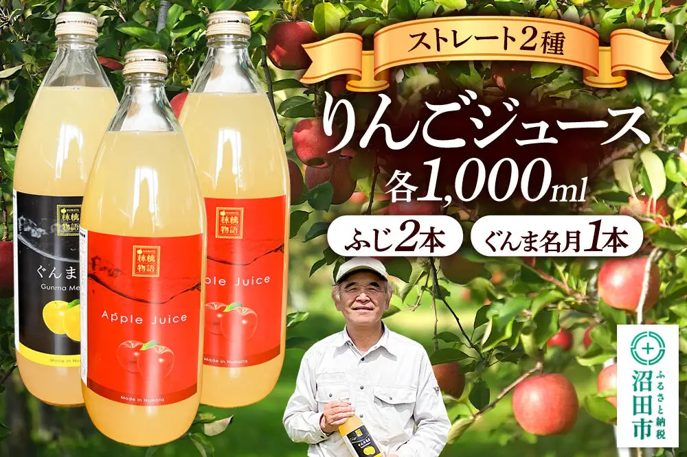 りんごジュース ストレート ふじ2本・ぐんま名月1本 各1000ml