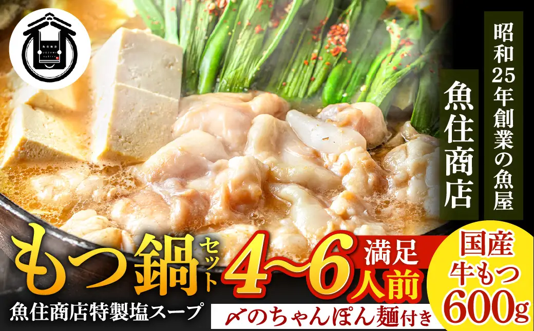 AE295.魚住商店【国産牛もつ使用】特製塩もつ鍋セット4～6人前・〆のチャンポン麺付き