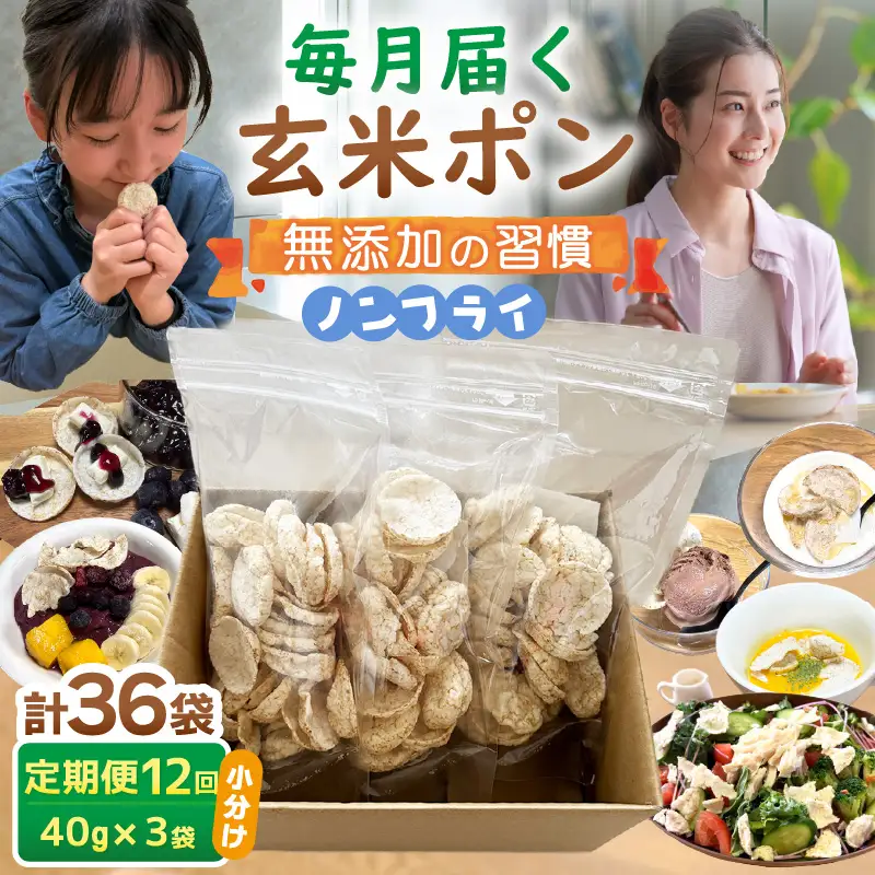 《12ヶ月定期便》【素材のまま】国産無添加 玄米ポンおやつ シリアル  40g×3袋  コシヒカリ  [e35-d003]