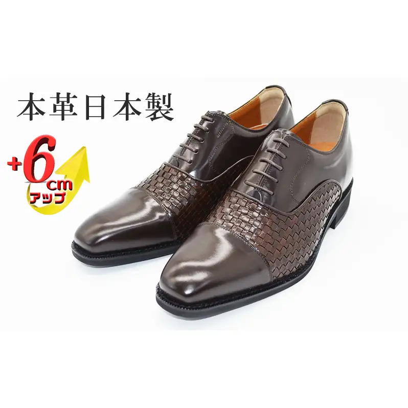 山羊革メッシュ ストレートチップ 6cmヒールアップ 本革 メンズ ロングノーズ 通気性 紳士靴 日本製 蒸れない メンズシューズ No.ME1301 ブラウン 25.0cm