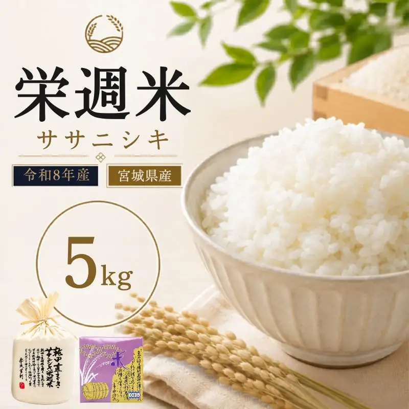 令和８年産 栄週米 乾田直まきササニシキ（精米） ５kg（オリジナル布袋化粧箱入り）※10月上旬より順次発送予定 【isff007】