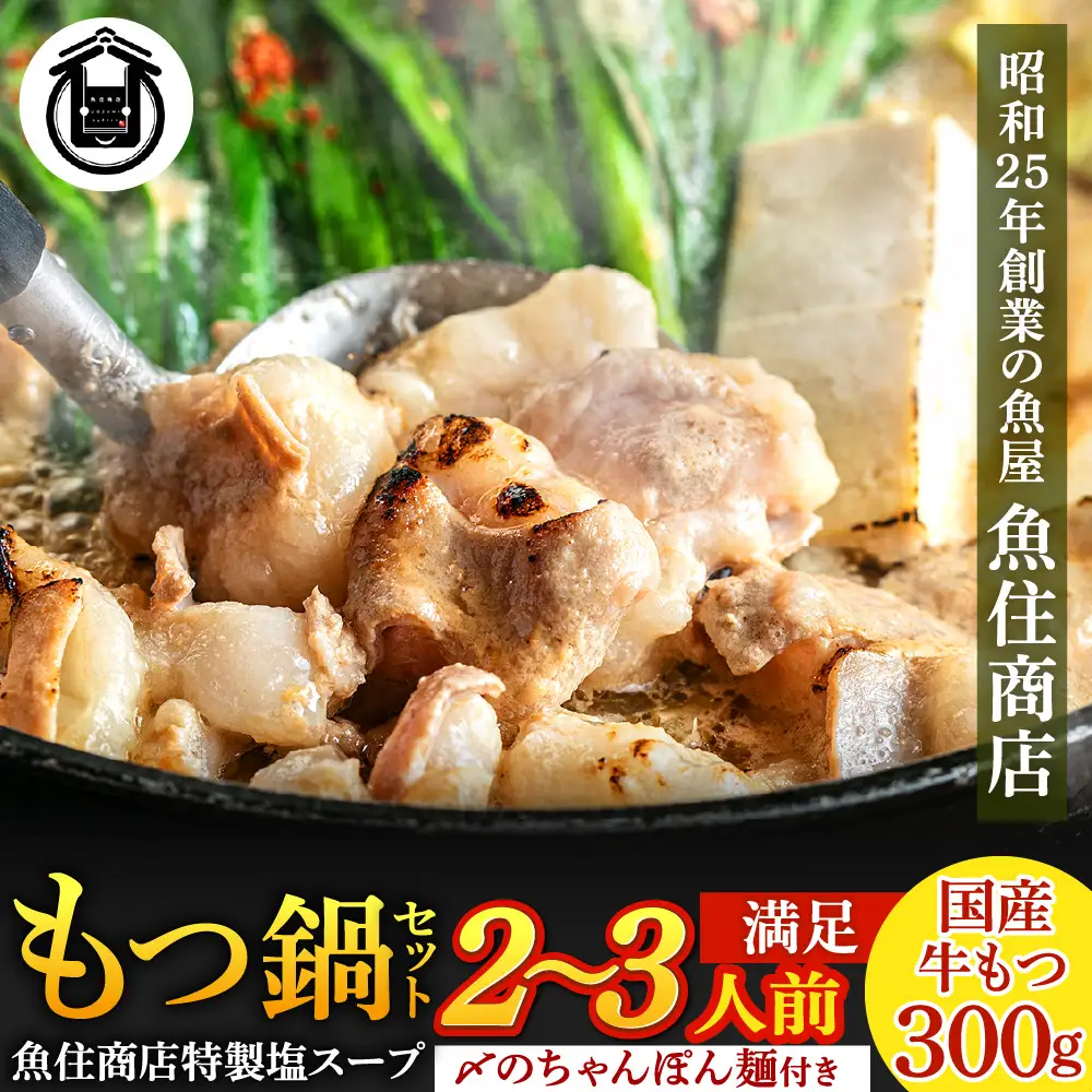 魚住商店特製 国産牛もつ使用 塩もつ鍋セット(2～3人前)【魚住商店】_HA2018 〆のチャンポン麺付き 国産モツ鍋 鍋 ホルモン 肉 もつ 国産もつ鍋 塩もつ鍋 塩モツ鍋 出汁つき 小分け 個包装 冷凍 惣菜 お惣菜 おかず おすすめ 福岡県宗像市