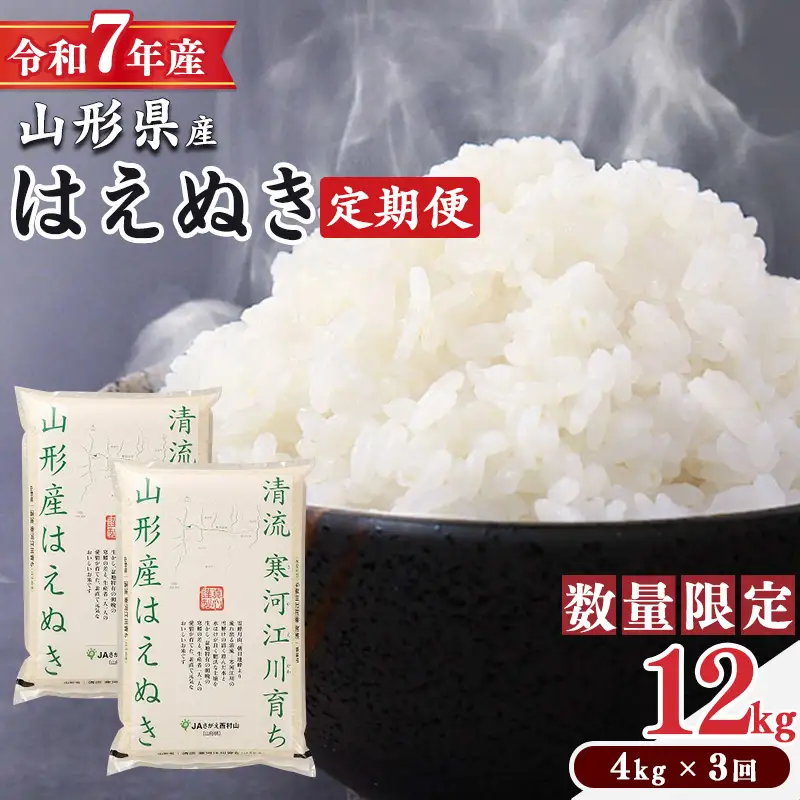＜2026年7月上旬開始＞【令和7年産 定期便】 はえぬき計12kg！お米 定期便（4kg×3回）清流寒河江川育ち 山形産はえぬき 2025年産　027-C-JA055-202607上