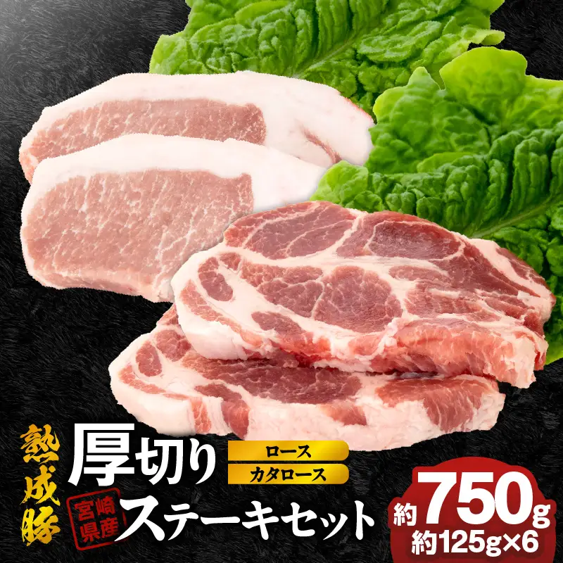 宮崎県産熟成豚 厚切りステーキセットA-2（カタロースステーキ約125g×3個/ロースステーキ約125g×3個）N0105-YA6602