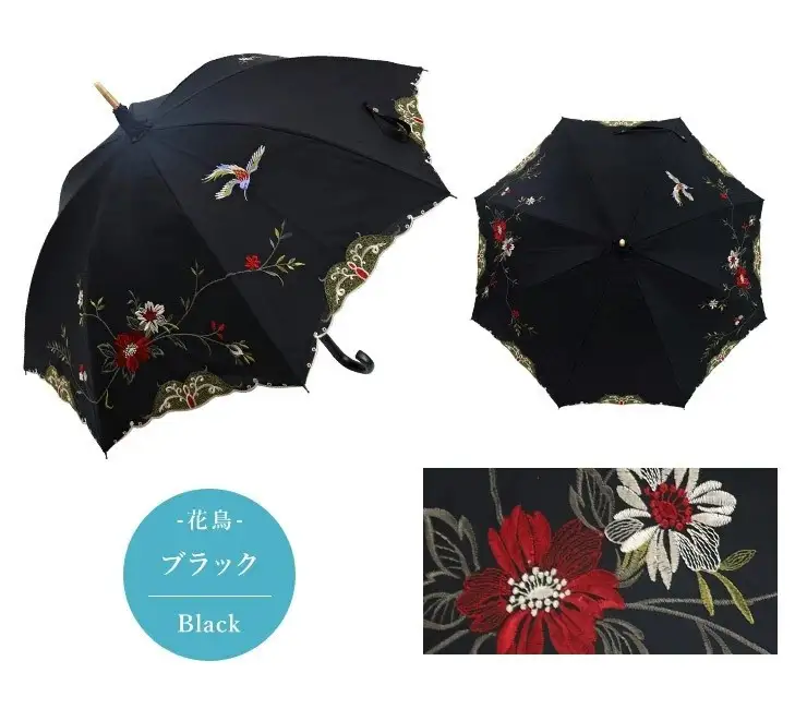 【シノワズリーモダン京都】優雅刺繍かわず張り長日傘 花鳥 ブラック