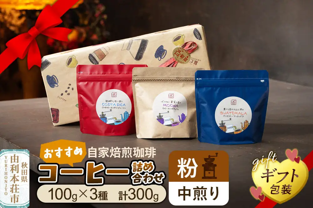 【粉／中煎り】自家焙煎珈琲 おすすめコーヒー詰め合わせ 300g（100g×3袋）＜ギフト包装＞