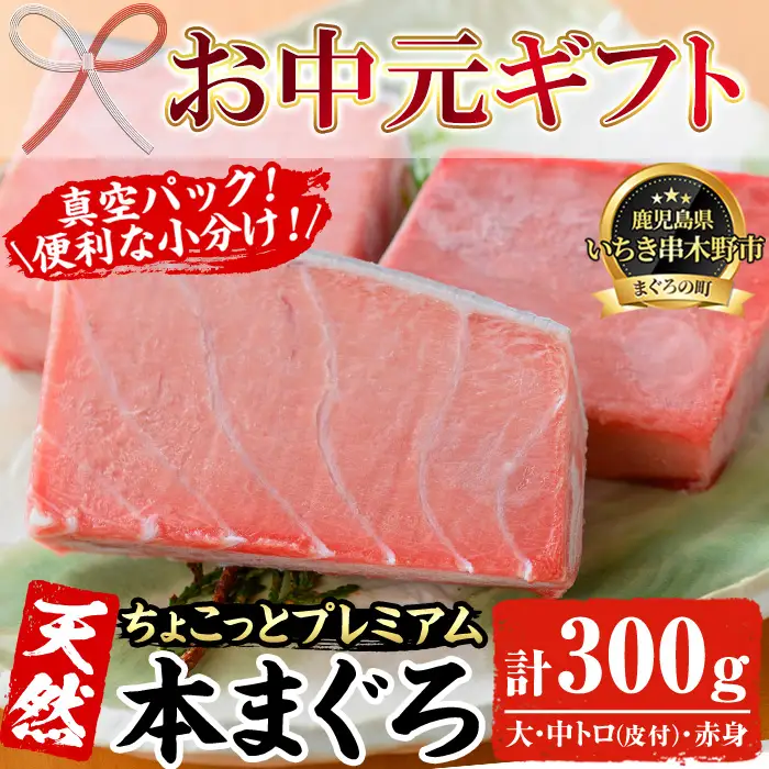 【お中元】天然! 本マグロ 300g（大トロ 100g 中トロ 100g 赤身 100g）☆ちょこっとプレミアム☆  真空 冷凍 希少 な 本まぐろ のフルセット  刺身 小分け プチ贅沢 【00-041-10-R8OC】