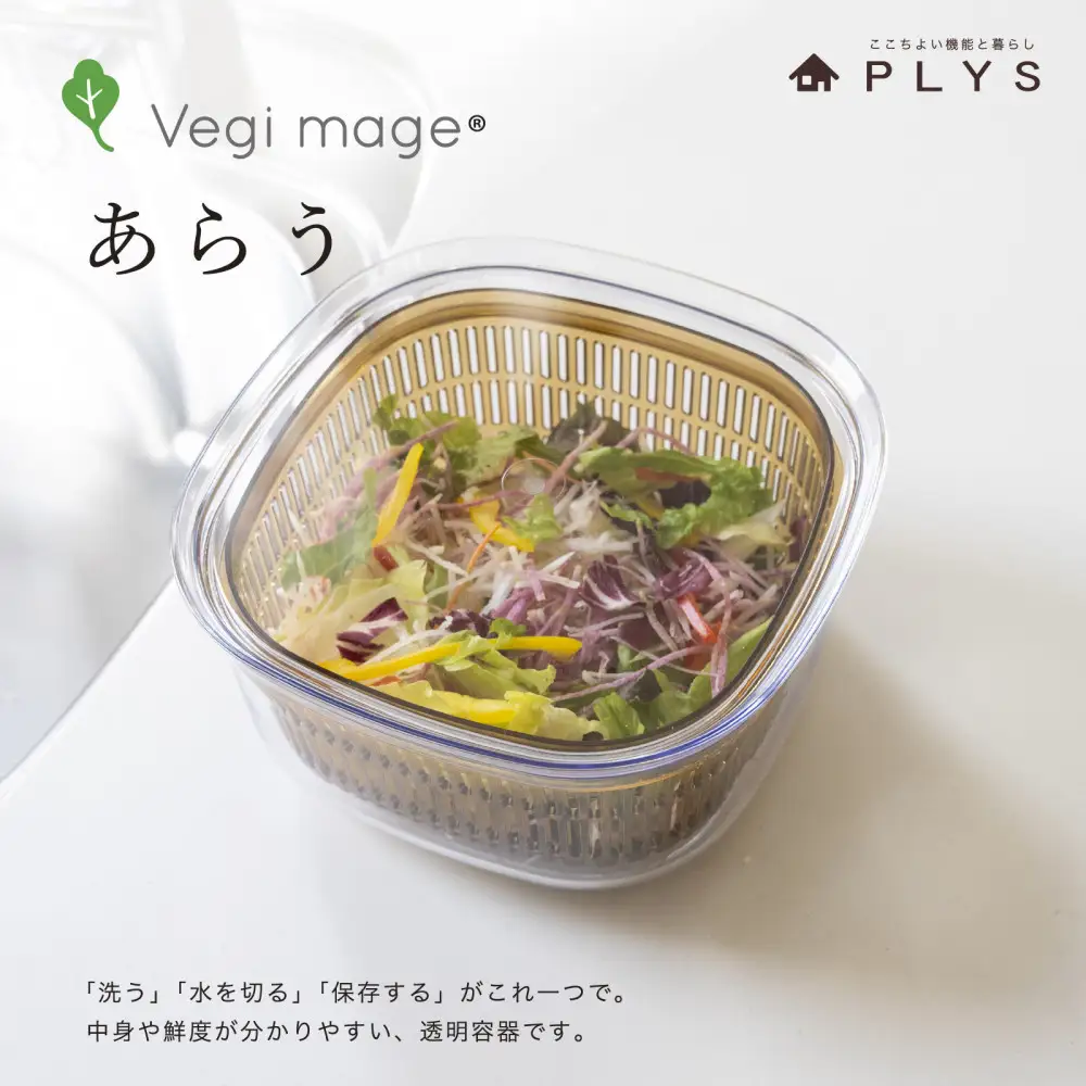 【ブラウン】ベジマジあらう 21cm 野菜保存容器 ボウル ザル セット フタ付き 透明