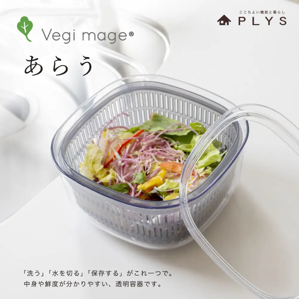 【グレー】ベジマジあらう 21cm 野菜保存容器 ボウル ザル セット フタ付き 透明