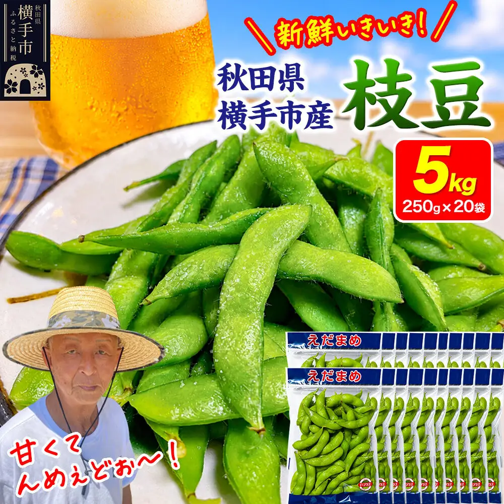 ＜先行受付 7月下旬より発送＞作り手の顔が見える「新鮮いきいき枝豆」 5.0kg（250g×20袋）秋田県横手市産