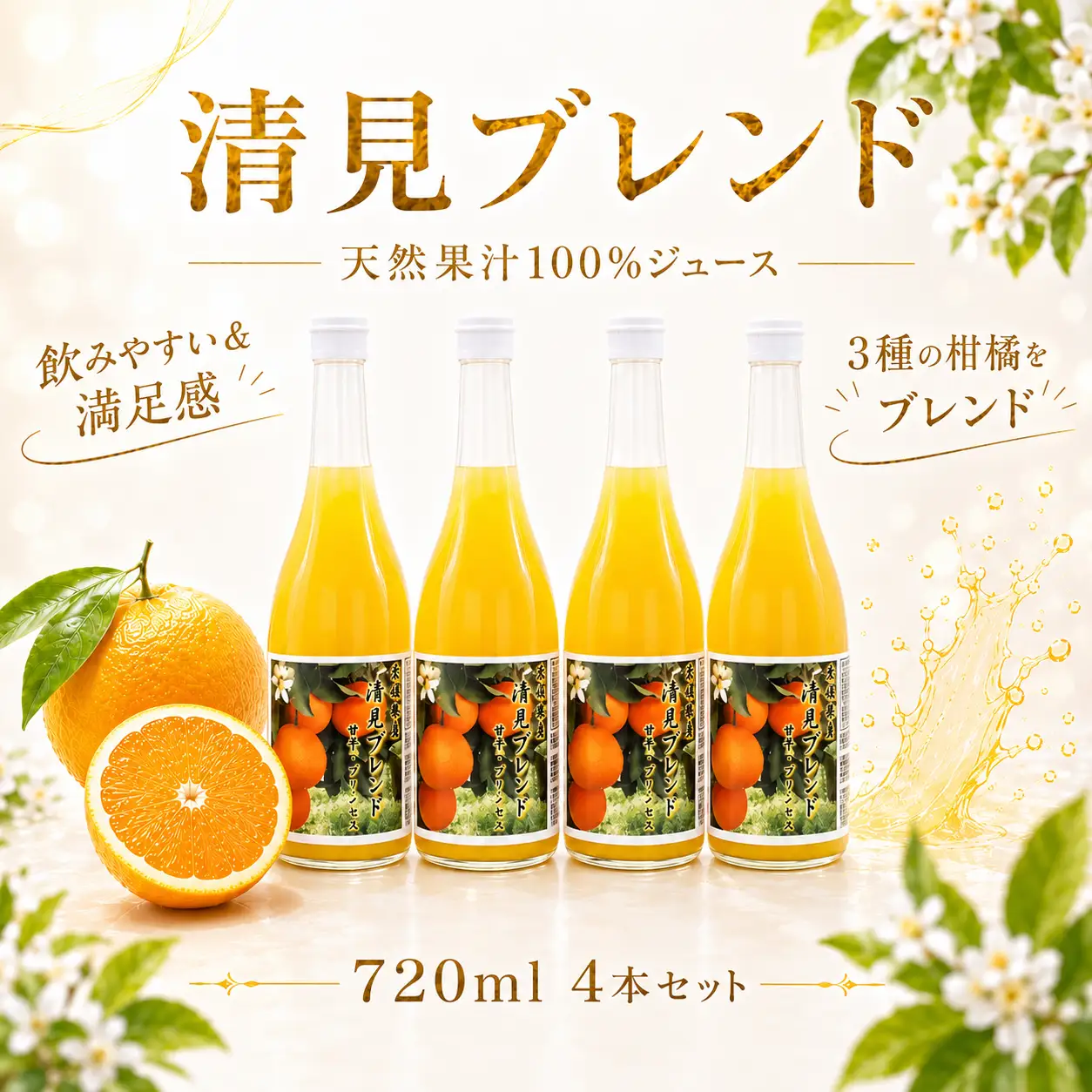 清見ブレンドジュース ストレート 720ml × 4本 中山農園 みかん 蜜柑 果実ミックスジュース 清見 プリンセス 甘平 果物 みかんジュース ストレートジュース オレンジジュース 100％ フルーツ ストレート  柑橘 果汁 無添加 農家直送 産地直送 数量限定 国産 愛媛 愛南 なくなり次第終了