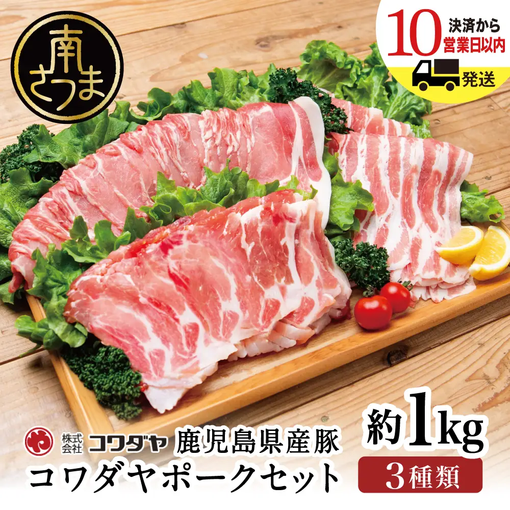 鹿児島産 豚肉3種 約1kg（バラ／肩ロースしゃぶしゃぶ／ロース生姜焼き） 国産 鹿児島県産 豚肉 豚しゃぶ しゃぶしゃぶ すき焼き ロース スライス うす切り肉 薄切り お取り寄せ かごしま グルメ 鍋 鹿児島県 南さつま市 株式会社コワダヤ