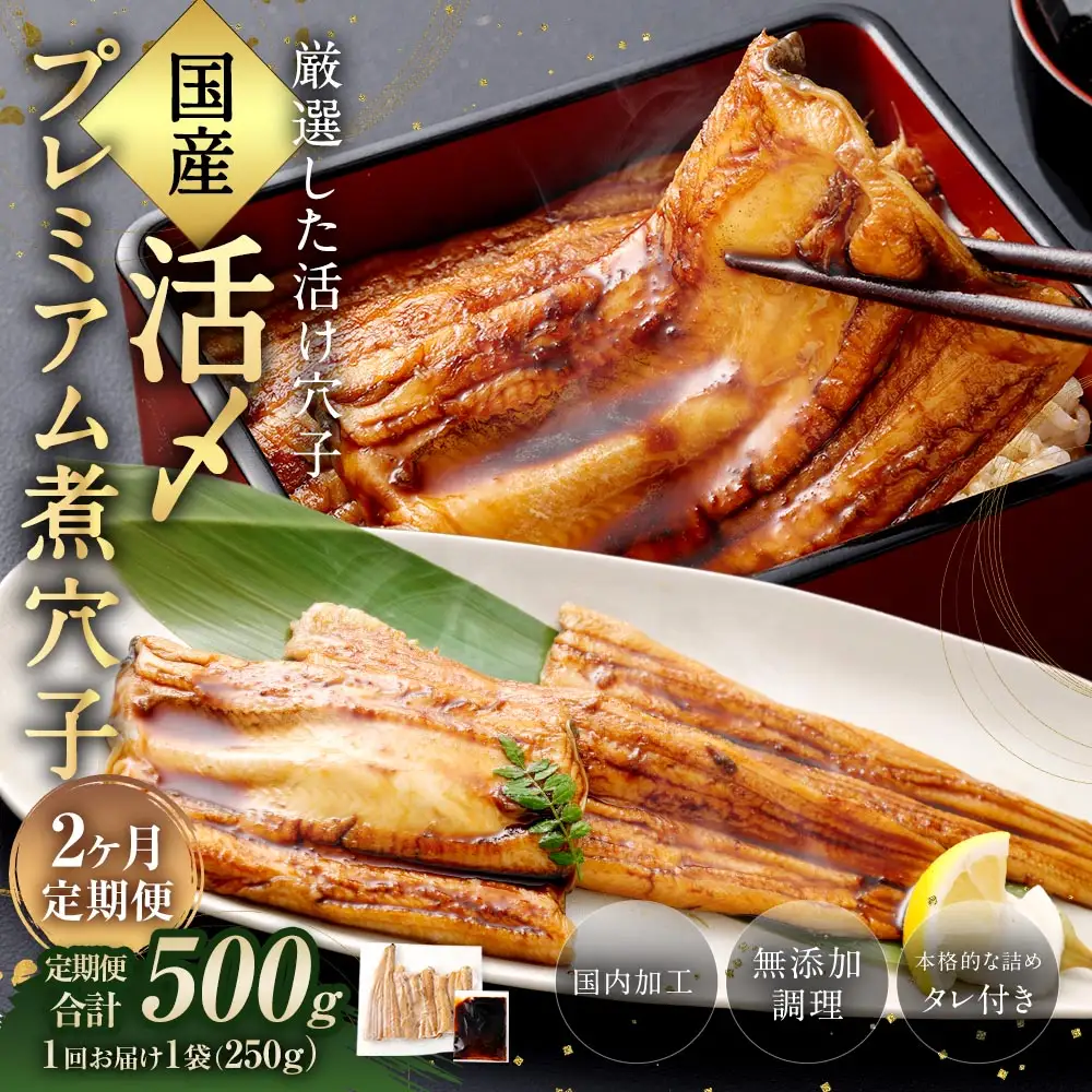 【 2ヶ月定期便 】 国産活〆 プレミアム煮穴子 250g （ 250g × 1袋 ） タレ （ 50g ） 付 魚 魚類 お魚 穴子 アナゴ あなご 魚料理 冷凍 保存料不使用 着色料不使用 添加物不使用