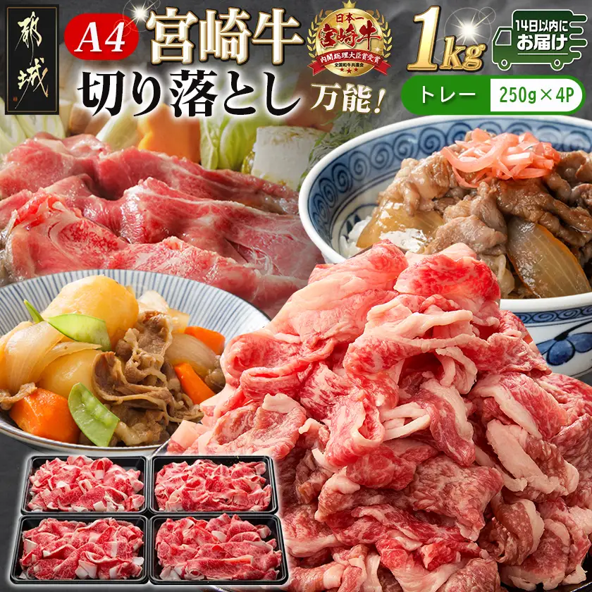 宮崎牛切り落とし1kg≪みやこんじょ快速便≫〔MJ-89-006-1000g-R〕_(都城市) 宮崎県産 宮崎牛 切り落とし 250g×4 1kg A4ランク