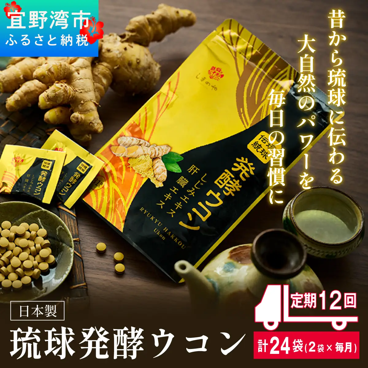 《定期便12回 2袋》琉球発酵ウコン 1袋(1粒重量250mg 3粒×31包)  | 沖縄県産の7種類のウコン | 飲みやすい タブレット 無農薬 農薬・化学肥料 不使用 自然由来 | 株式会社 しまのや | サプリ サプリメント 健康食品 | 送料無料