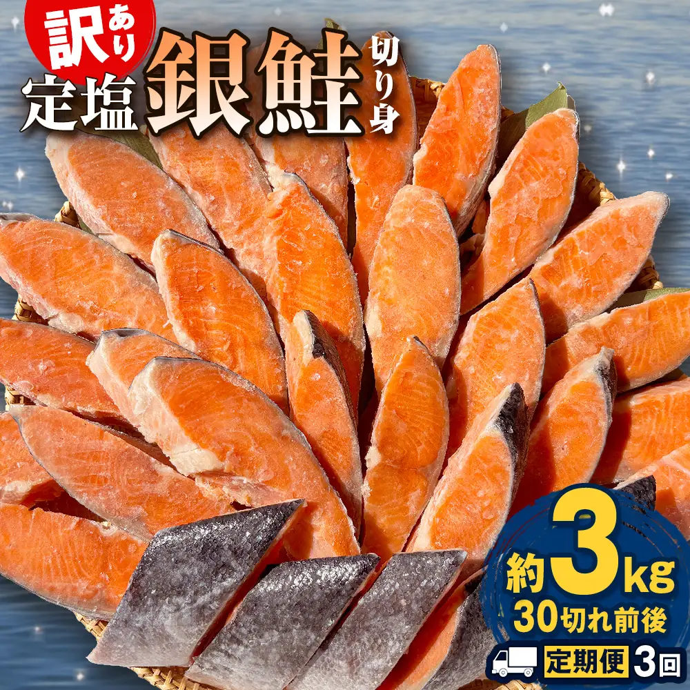 【定期便】 訳あり 定塩銀鮭 切り身 合計 9kg 約3kg （ 30切れ 前後 ） 3回配送 鮭