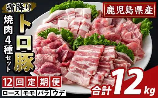 K-379-F ＜12回定期便＞鹿児島県産霜降りトロ豚 焼肉用バラエティセット(合計12kg)【ふるさと産直バザール】霧島市 ロース バラ ウデ モモ 焼き肉 ヤキニク 豚肉 国産 鹿児島県産 肉 精肉 小分け セット 食べ比べ 定期便