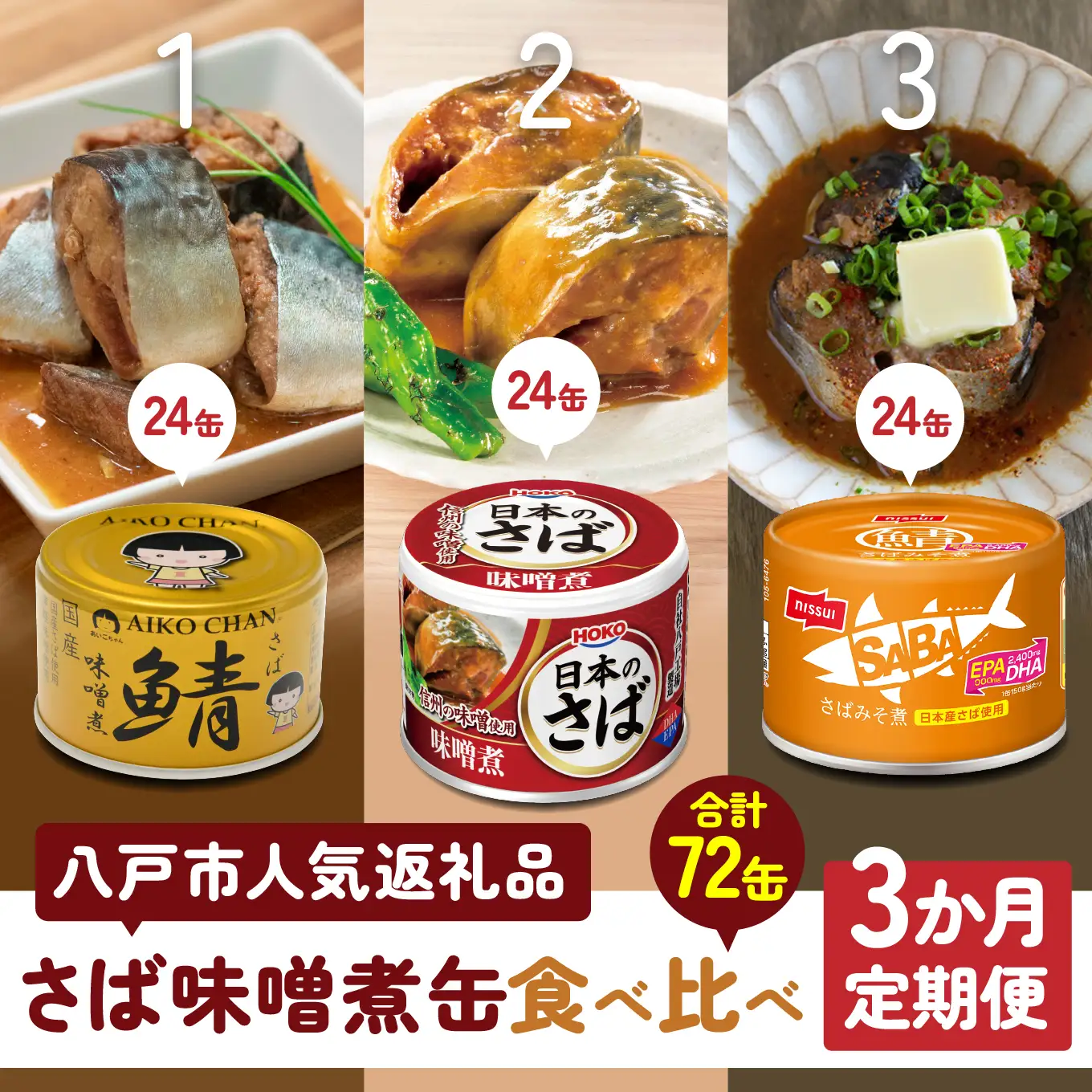 八戸市 人気返礼品 さば味噌煮缶食べ比べ ３か月定期便 24缶 3種セット 合計72缶 あいこちゃん 金の鯖 日本のさば nissui SABA みそ煮 鯖 サバ 鯖缶 サバ缶 惣菜 おかず おつまみ 缶詰 缶詰め 缶づめ 非常食 保存食 長期保存 青森県 八戸市